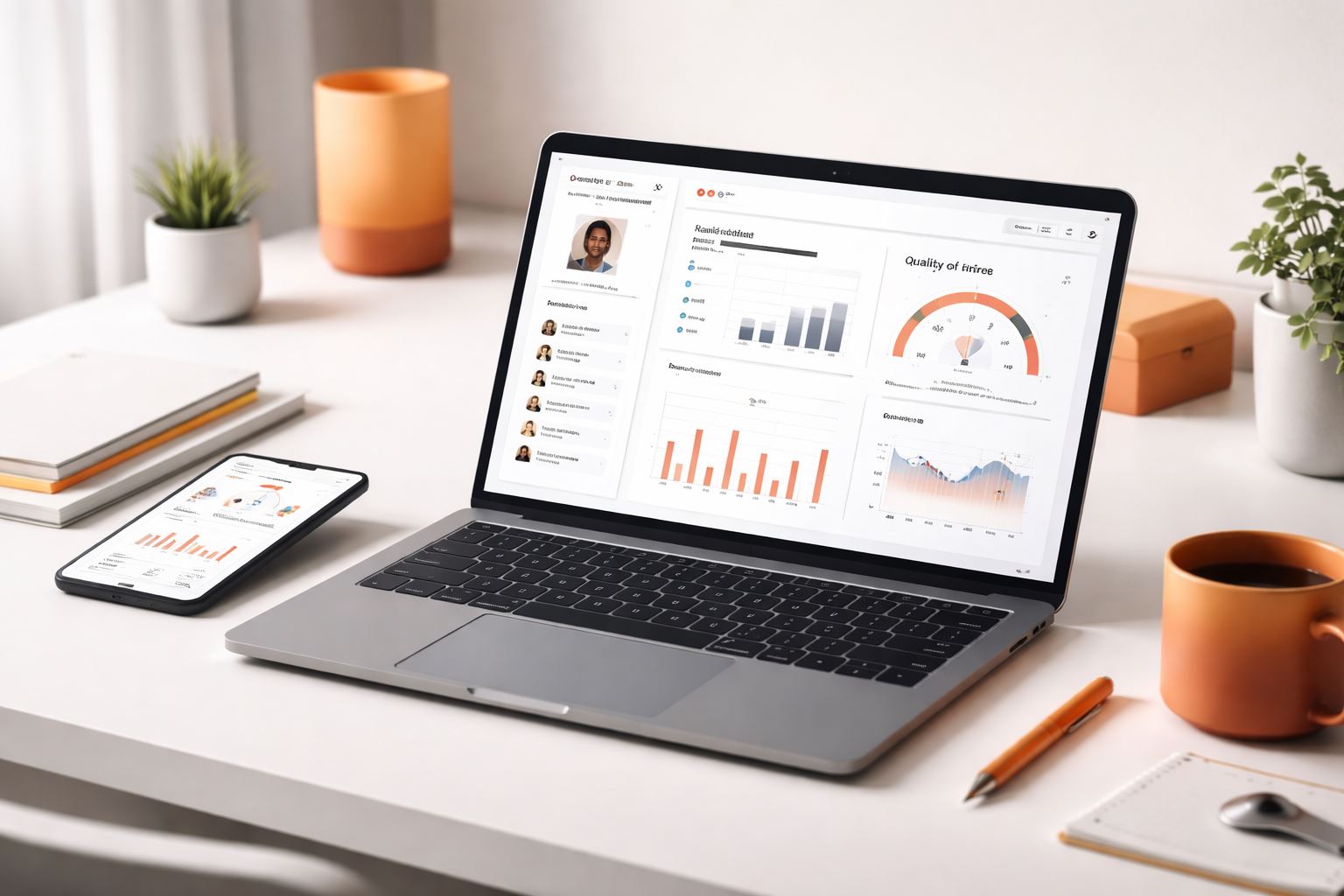 Ilustrasi AI talent acquisition terukur: dashboard analitik rekrutmen untuk screening CV, scoring kandidat, dan evaluasi quality of hire berbasis data.