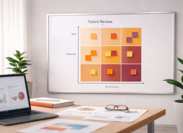 Ilustrasi talent review 9 box di ruang kerja minimalis: papan 9-kotak dengan sticky notes sebagai bukti penilaian, berpadu laporan analitik untuk kalibrasi data.