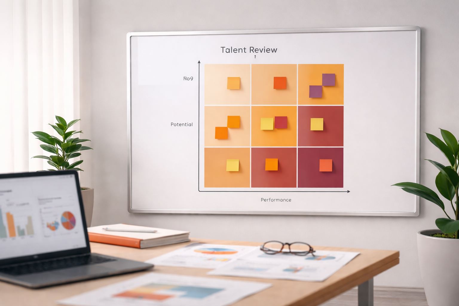 Ilustrasi talent review 9 box di ruang kerja minimalis: papan 9-kotak dengan sticky notes sebagai bukti penilaian, berpadu laporan analitik untuk kalibrasi data.