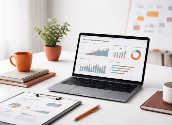 Ilustrasi workspace analitik untuk mengukur efektivitas leadership development program: dashboard kinerja di laptop, laporan metrik, dan aksen orange–maroon dalam suasana minimalis.