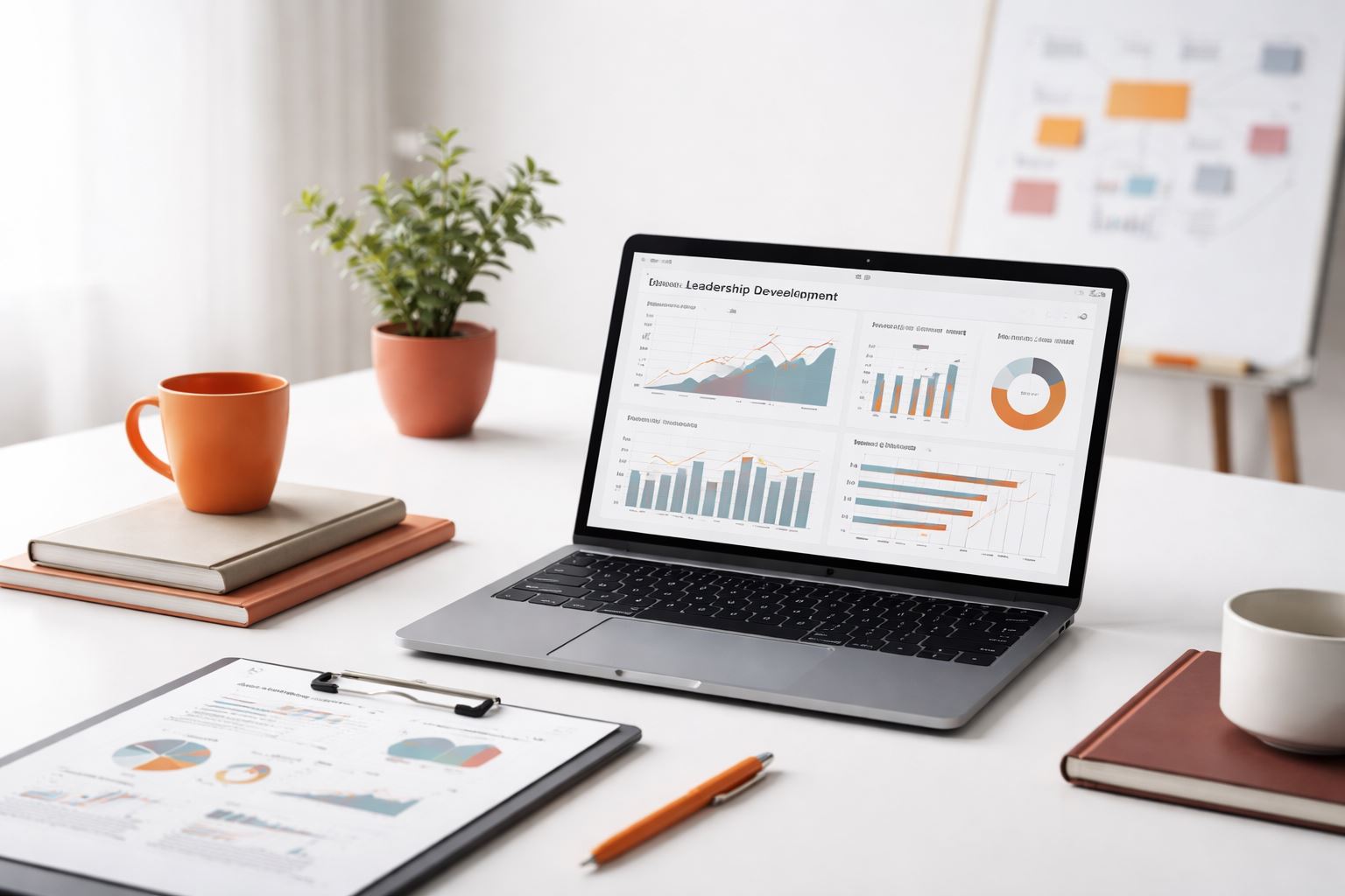 Ilustrasi workspace analitik untuk mengukur efektivitas leadership development program: dashboard kinerja di laptop, laporan metrik, dan aksen orange–maroon dalam suasana minimalis.
