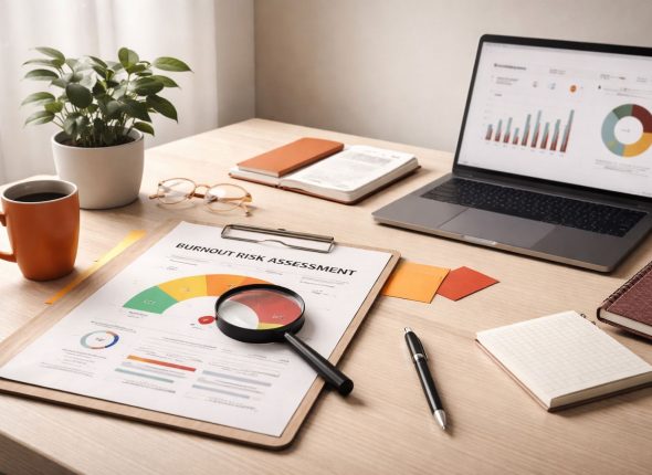 Meja kerja minimalis dengan laporan analitik dan indikator “deteksi dini risiko burnout” untuk memantau beban kerja dan kesehatan organisasi.