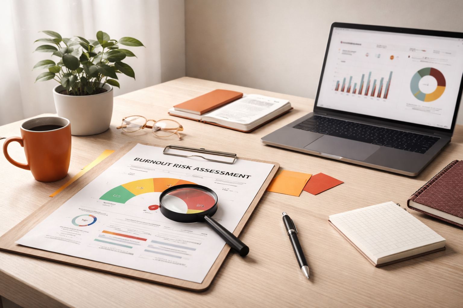 Meja kerja minimalis dengan laporan analitik dan indikator “deteksi dini risiko burnout” untuk memantau beban kerja dan kesehatan organisasi.