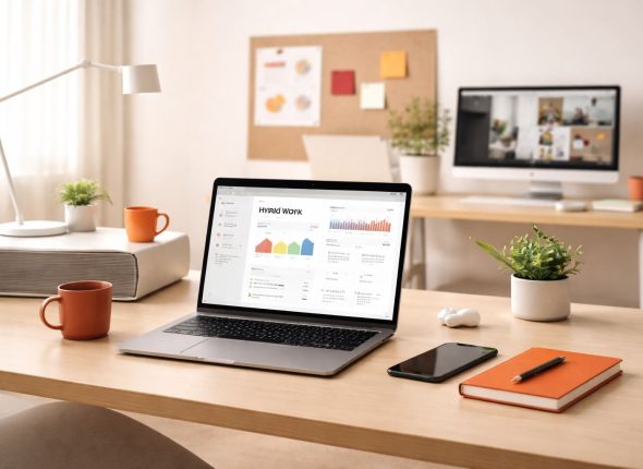 Ruang kerja hybrid minimalis 2026 dengan laptop, notebook aksen orange–maroon, dan perlengkapan kolaborasi—ilustrasi desain kebijakan hybrid work yang rapi dan produktif.
