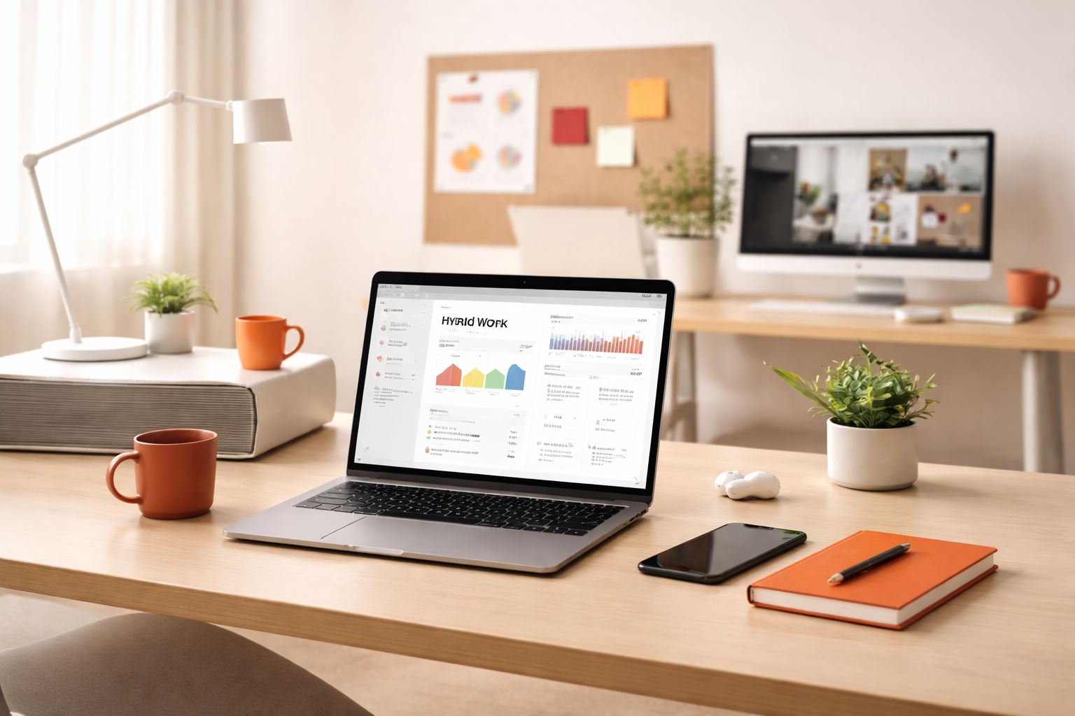Ruang kerja hybrid minimalis 2026 dengan laptop, notebook aksen orange–maroon, dan perlengkapan kolaborasi—ilustrasi desain kebijakan hybrid work yang rapi dan produktif.